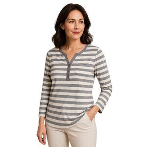 Anne Klein Top Shirt Striped Sweater White Gray Long Sleeve Womens WOMAN'S SMALL